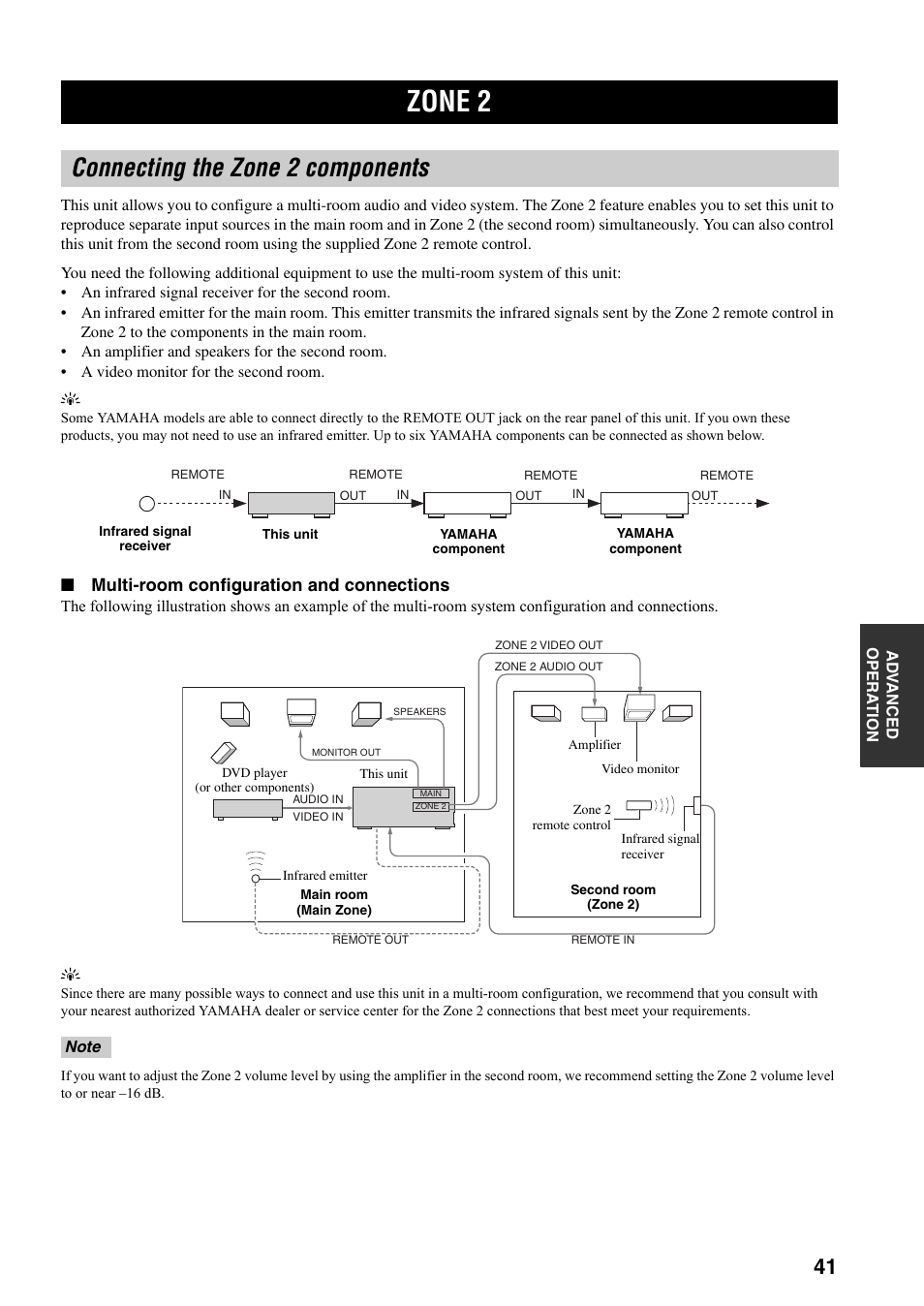 Zone 2, Connecting the zone 2 components, Multi-room configuration and connections | Yamaha RX-797 User Manual | Page 45 / 55
