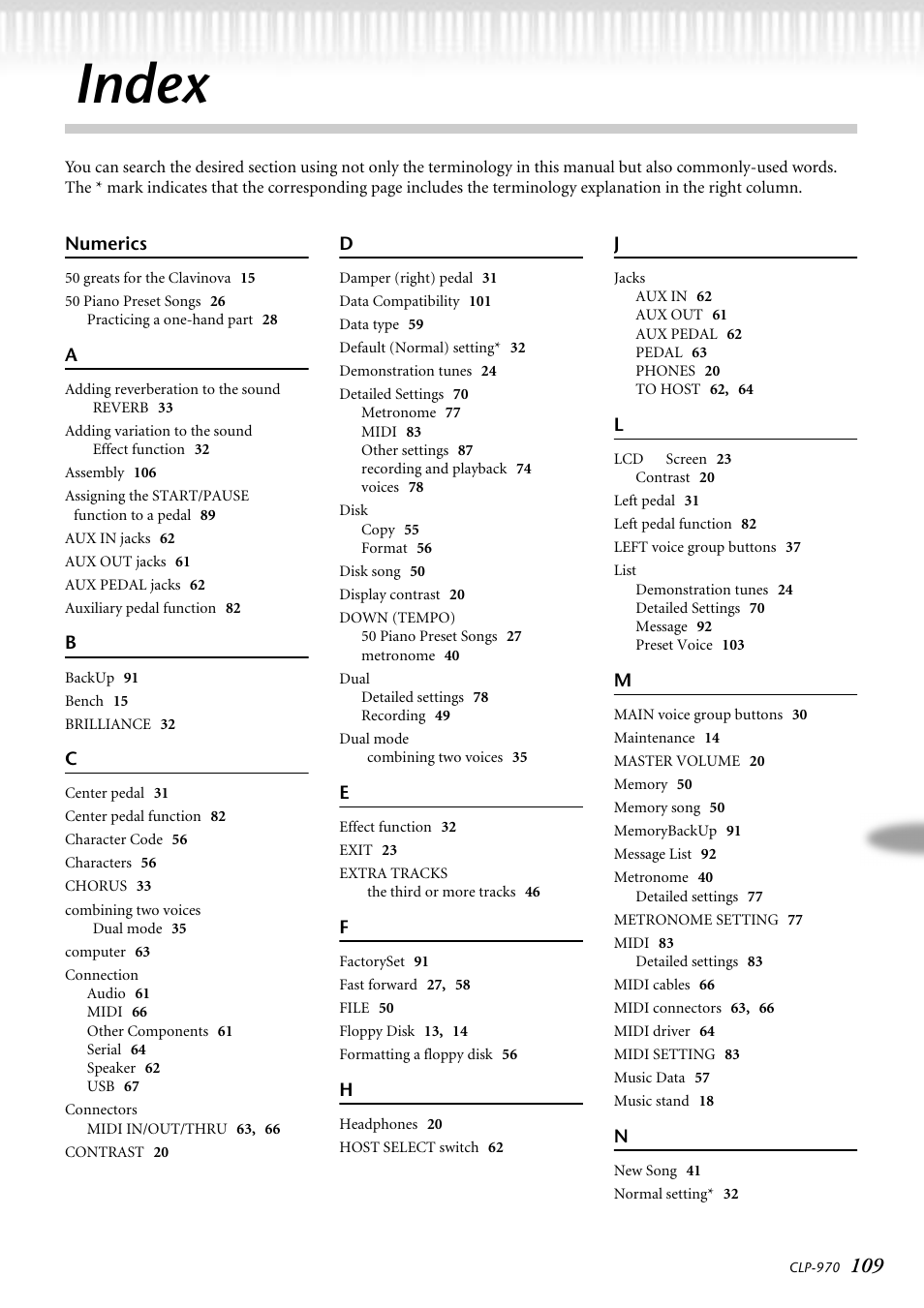 Index | Yamaha CLP-970C EN User Manual | Page 109 / 114