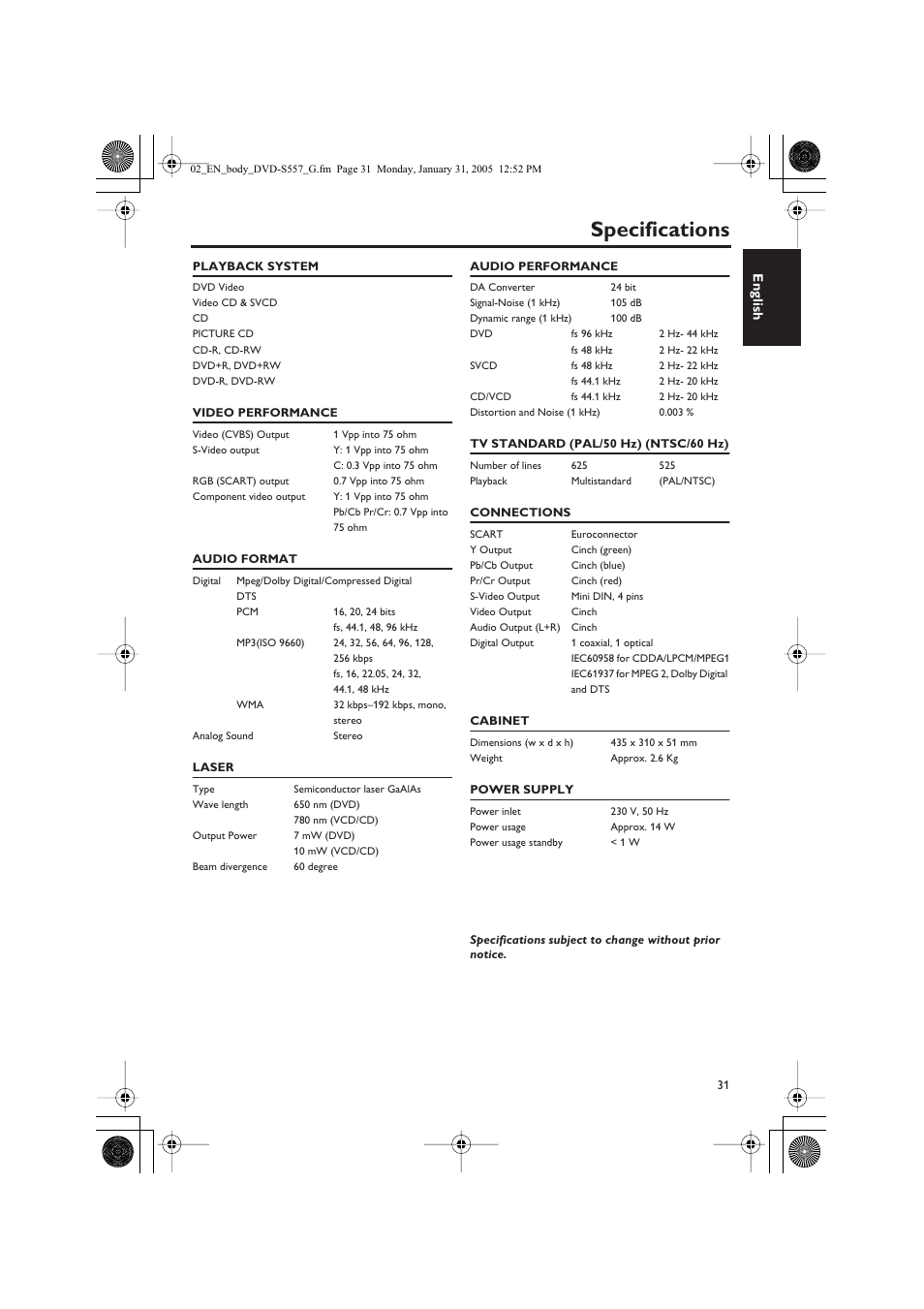 Specifications | Yamaha DVD-S557 User Manual | Page 33 / 33