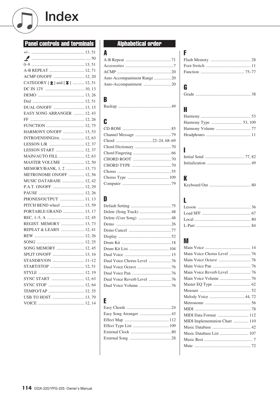 Index, Panel controls and terminals alphabetical order | Yamaha PORTABLEGRAND YPG-225 User Manual | Page 114 / 118