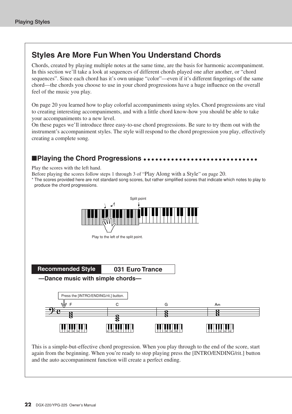 Styles are more fun when you understand chords, Playing the chord progressions, 031 euro trance | Yamaha PORTABLEGRAND YPG-225 User Manual | Page 22 / 118