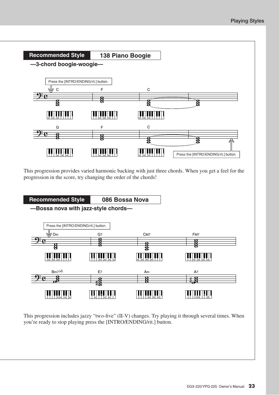 138 piano boogie, 086 bossa nova, Chord boogie-woogie | Bossa nova with jazz-style chords, Recommended style | Yamaha PORTABLEGRAND YPG-225 User Manual | Page 23 / 118