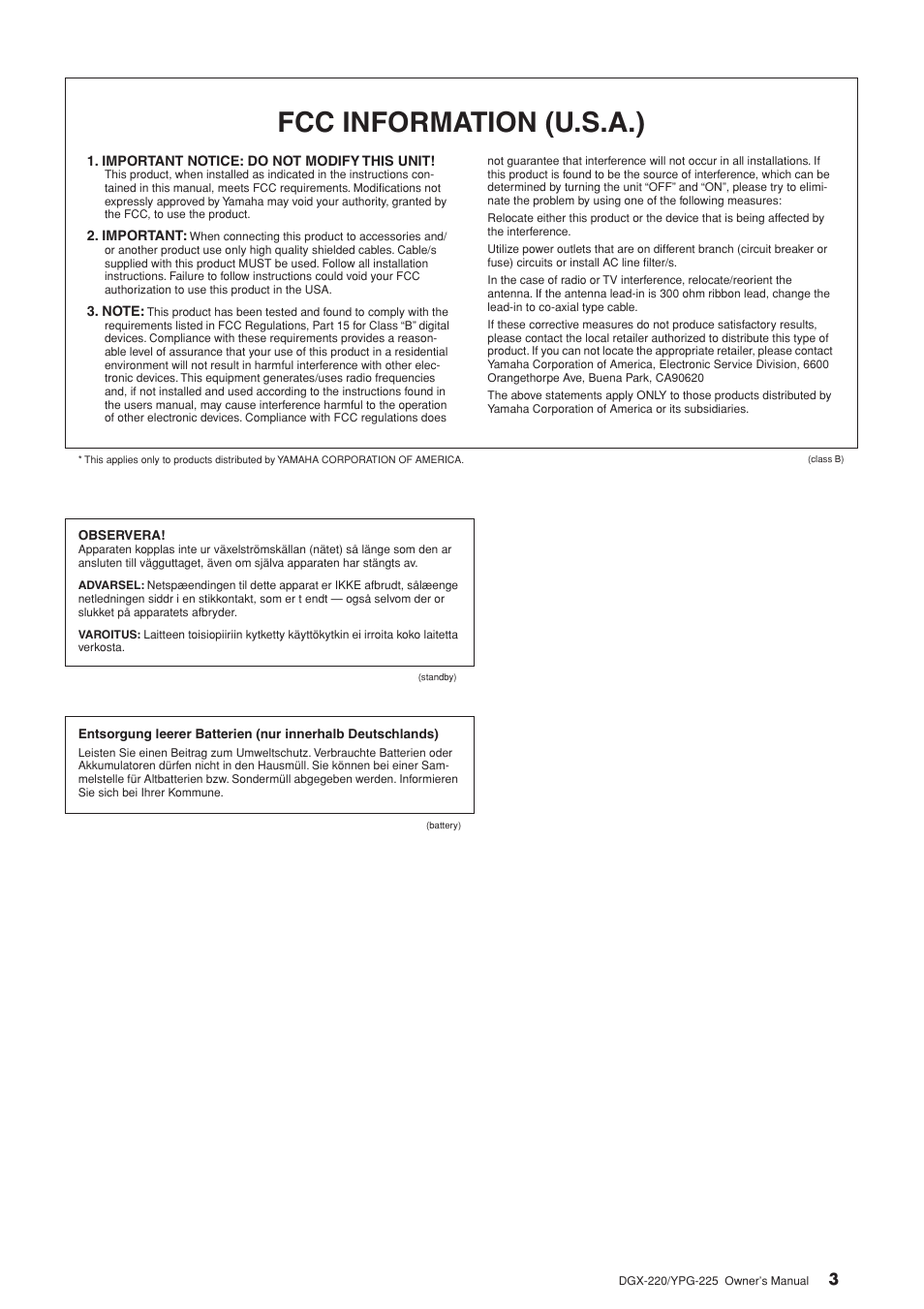 Fcc information (u.s.a.) | Yamaha PORTABLEGRAND YPG-225 User Manual | Page 3 / 118