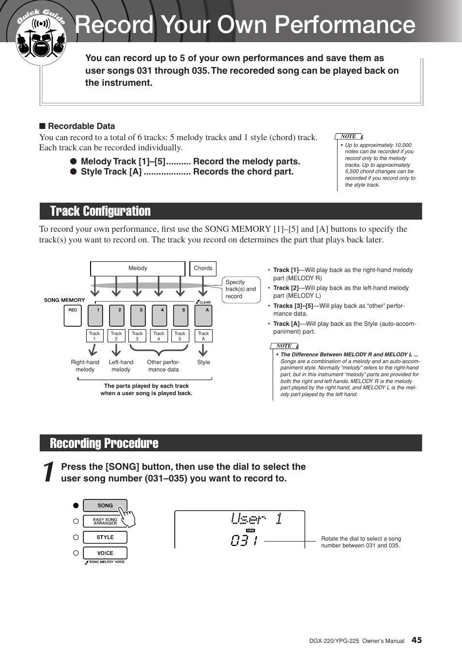 Record your own performance, Track configuration, Recording procedure | Track configuration recording procedure, User 1, Recording procedure 031 | Yamaha PORTABLEGRAND YPG-225 User Manual | Page 45 / 118