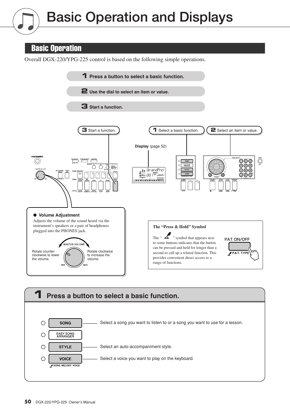 Basic operation and displays, Basic operation, Press a button to select a basic function | Yamaha PORTABLEGRAND YPG-225 User Manual | Page 50 / 118