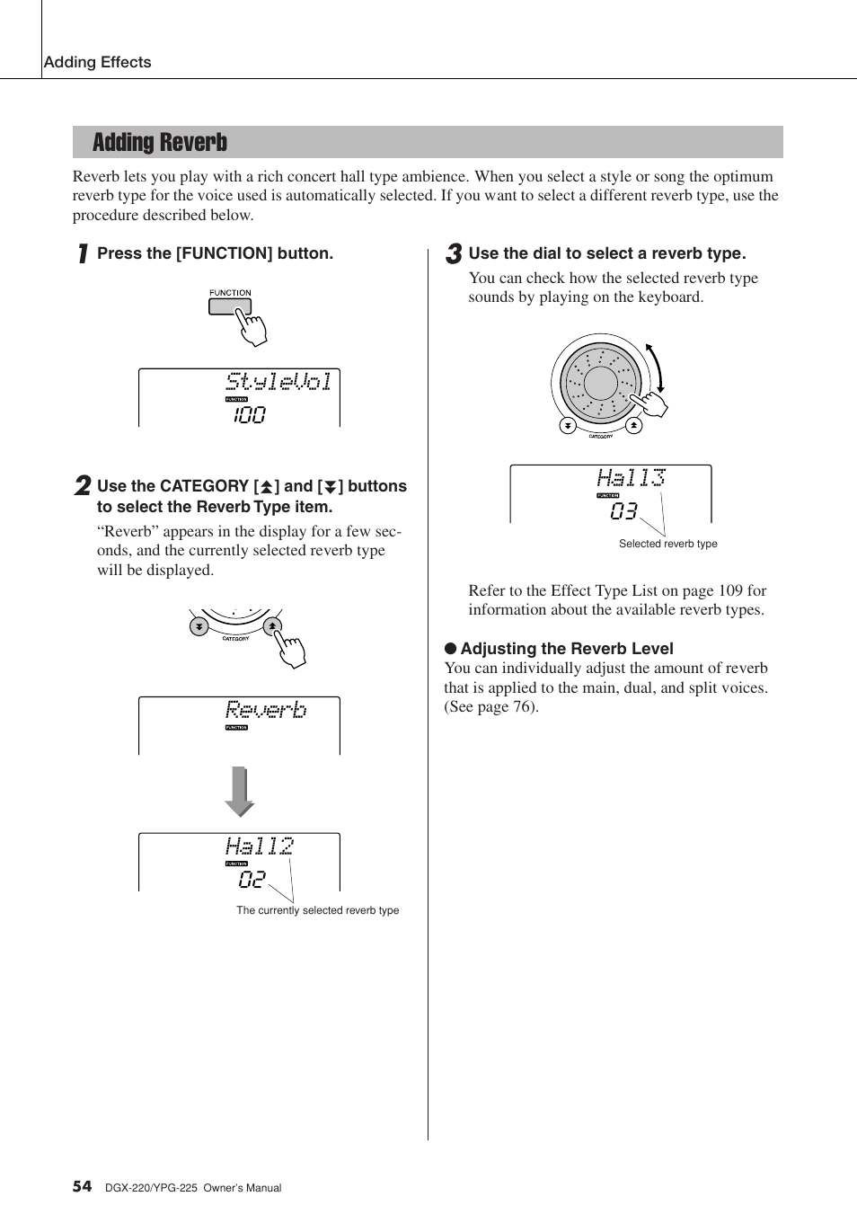 Adding reverb, Stylevol, Hall2 | Reverb, Hall3 | Yamaha PORTABLEGRAND YPG-225 User Manual | Page 54 / 118