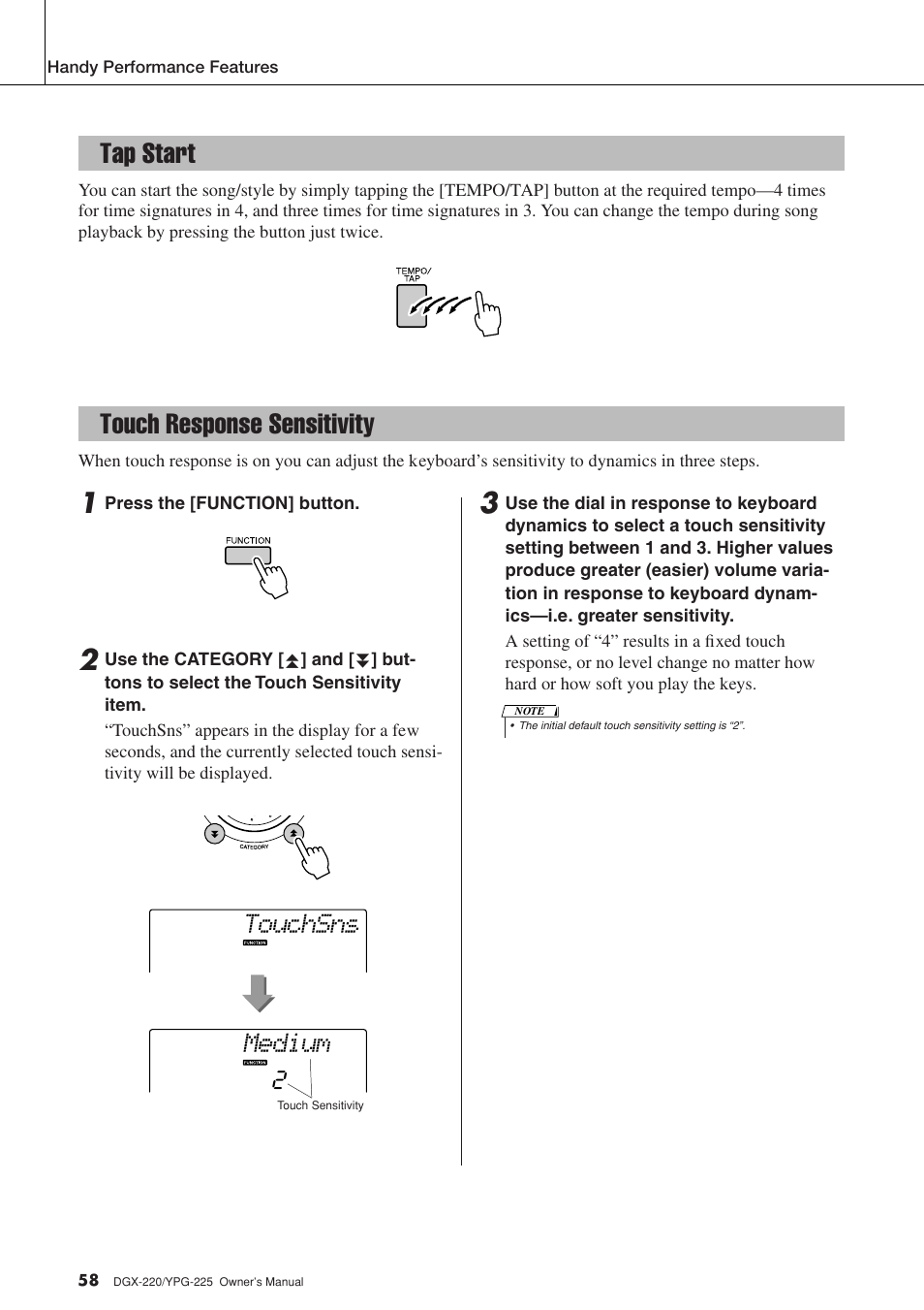 Tap start, Touch response sensitivity, Tap start touch response sensitivity | Touchsns, Medium | Yamaha PORTABLEGRAND YPG-225 User Manual | Page 58 / 118