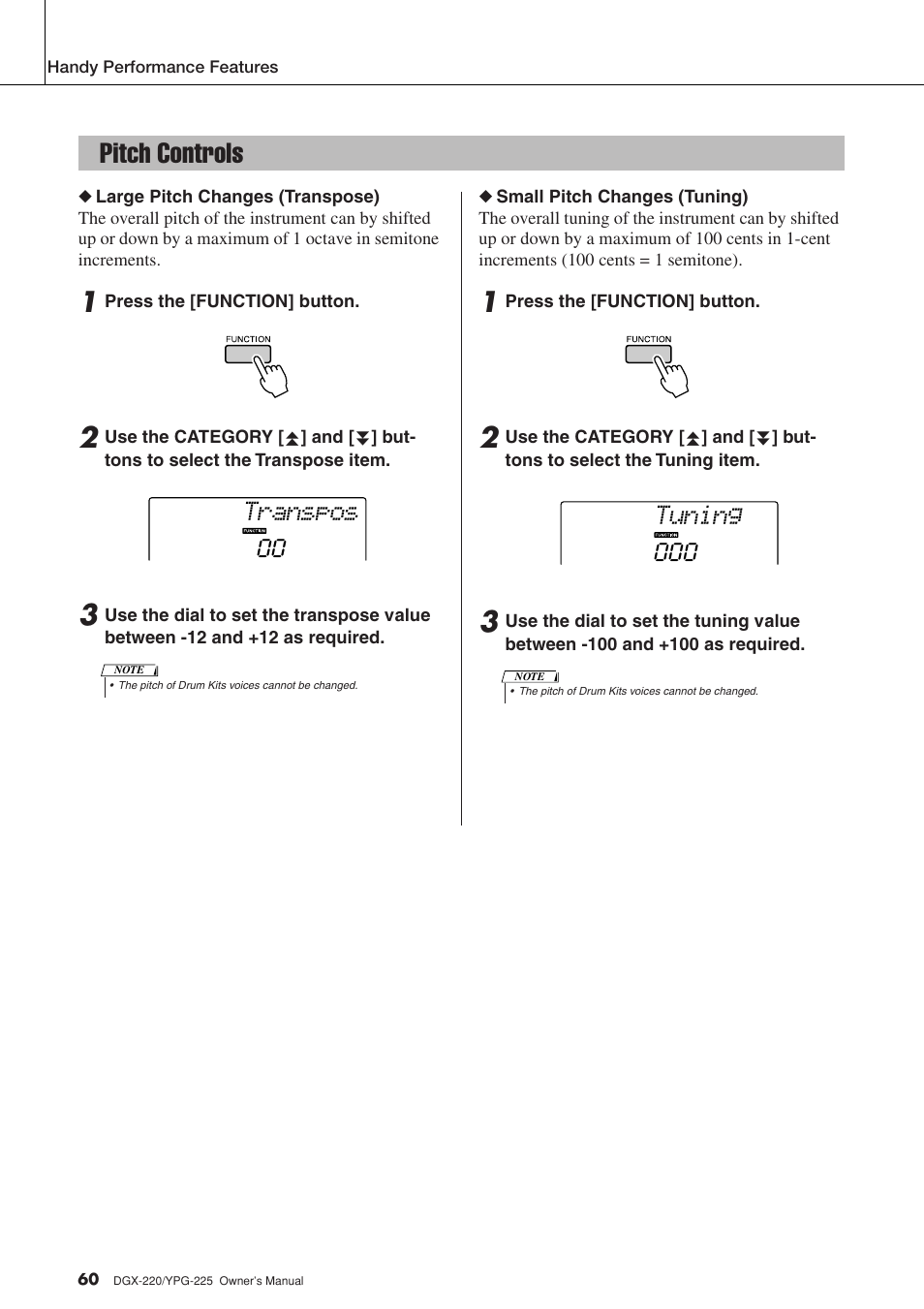 Pitch controls, Transpos, Tuning | Yamaha PORTABLEGRAND YPG-225 User Manual | Page 60 / 118