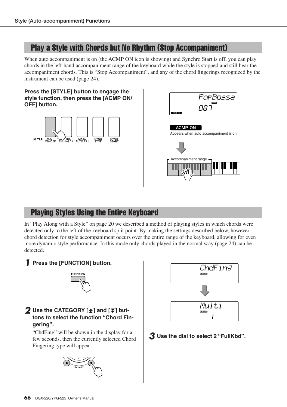 Playing styles using the entire keyboard, Play a style with chords but no rhythm, Stop accompaniment) | Popbossa, Multi chdfing | Yamaha PORTABLEGRAND YPG-225 User Manual | Page 66 / 118