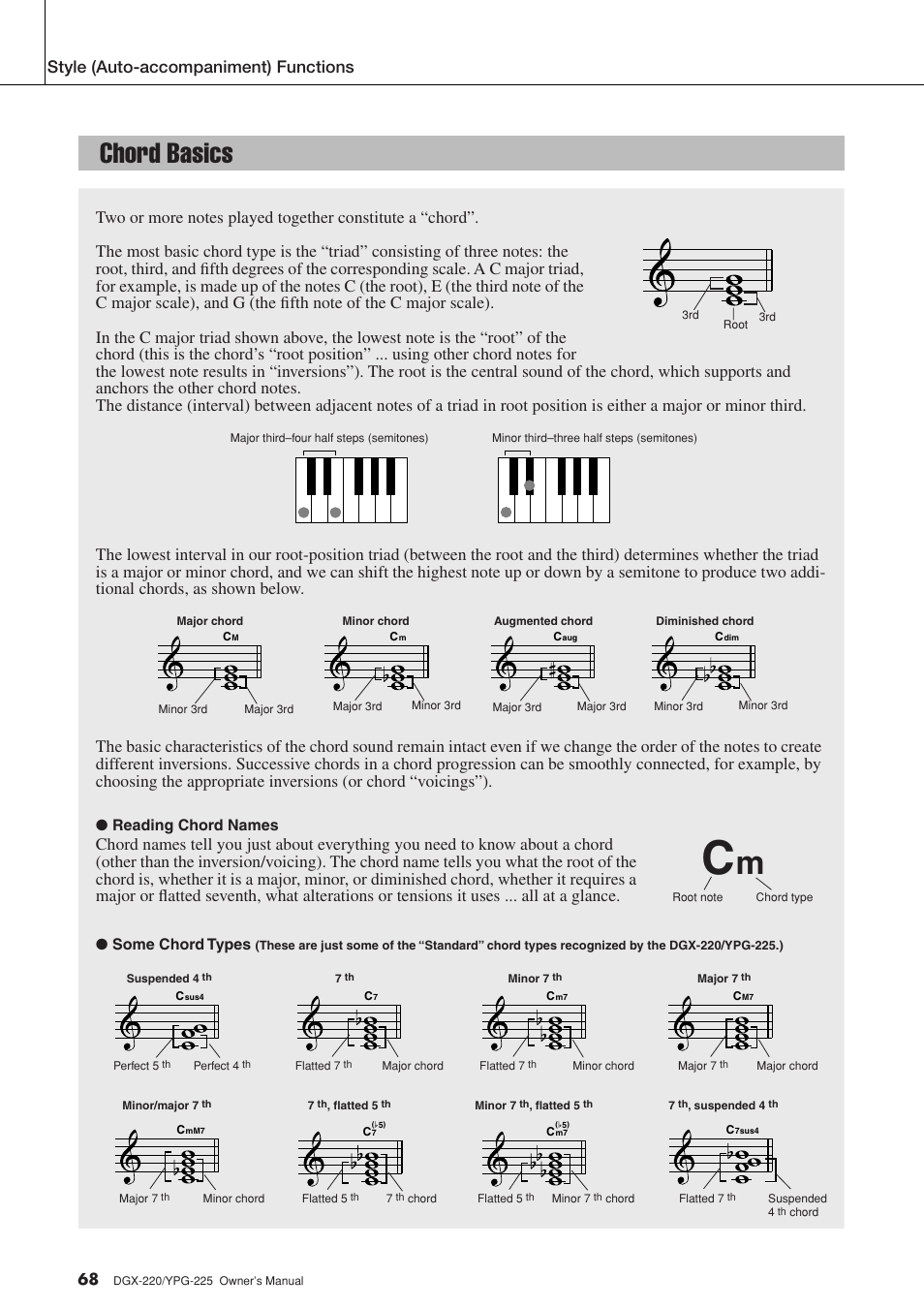 Chord basics, Reading chord names, Some chord types | Yamaha PORTABLEGRAND YPG-225 User Manual | Page 68 / 118