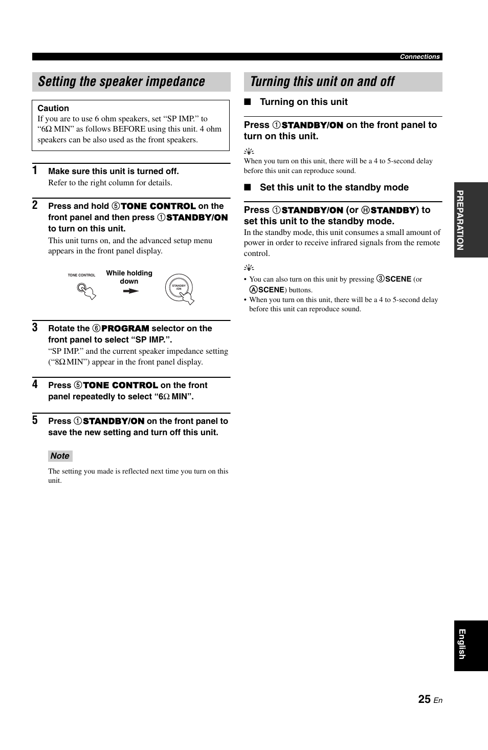 Setting the speaker impedance, Turning this unit on and off | Yamaha DSP-AX861SE User Manual | Page 27 / 117