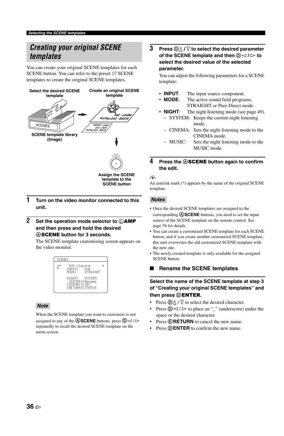 Creating your original scene templates, P. 36, Rename the scene templates | Yamaha DSP-AX861SE User Manual | Page 38 / 117