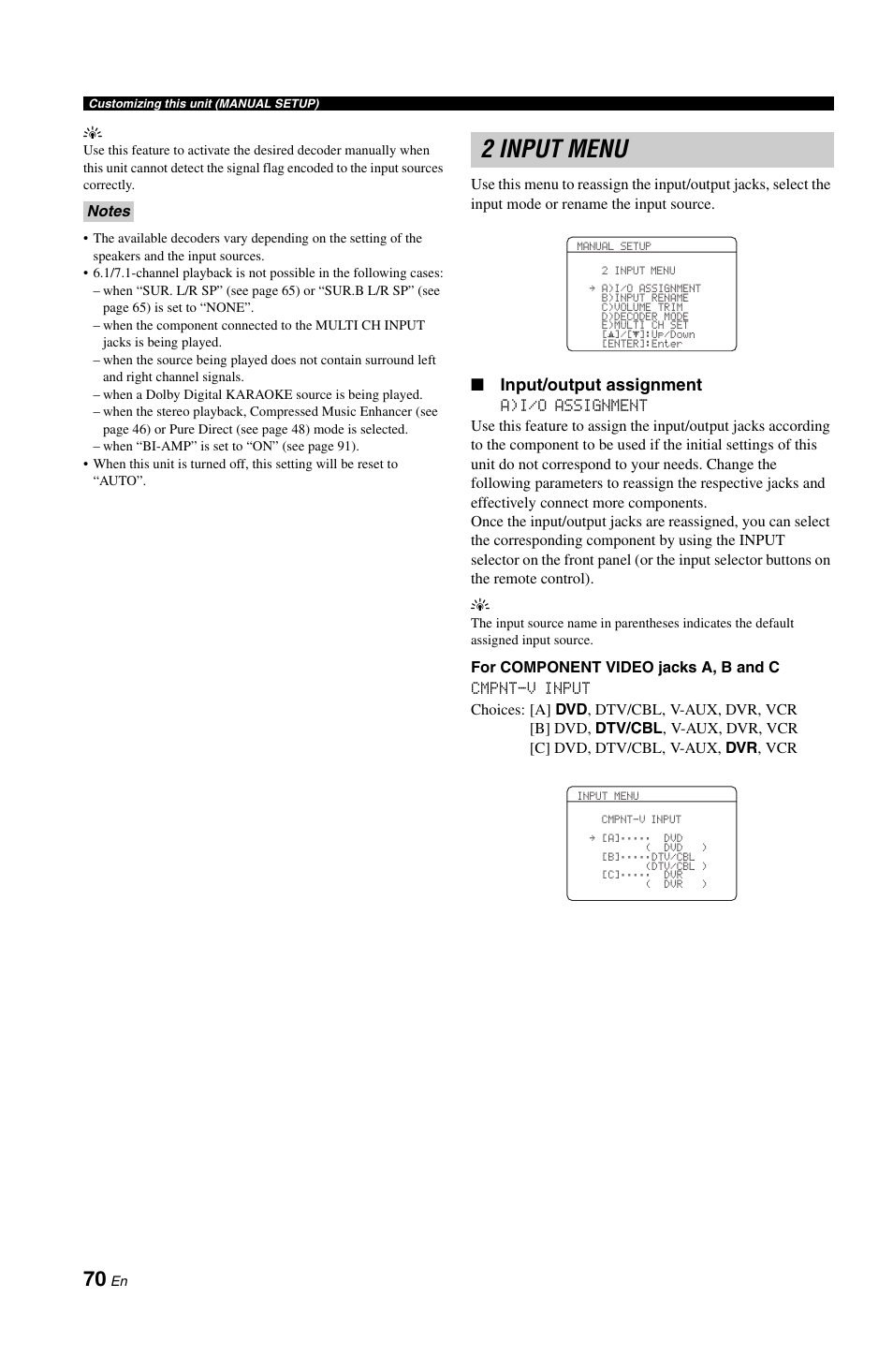 2 input menu, Input/output assignment | Yamaha DSP-AX861SE User Manual | Page 72 / 117