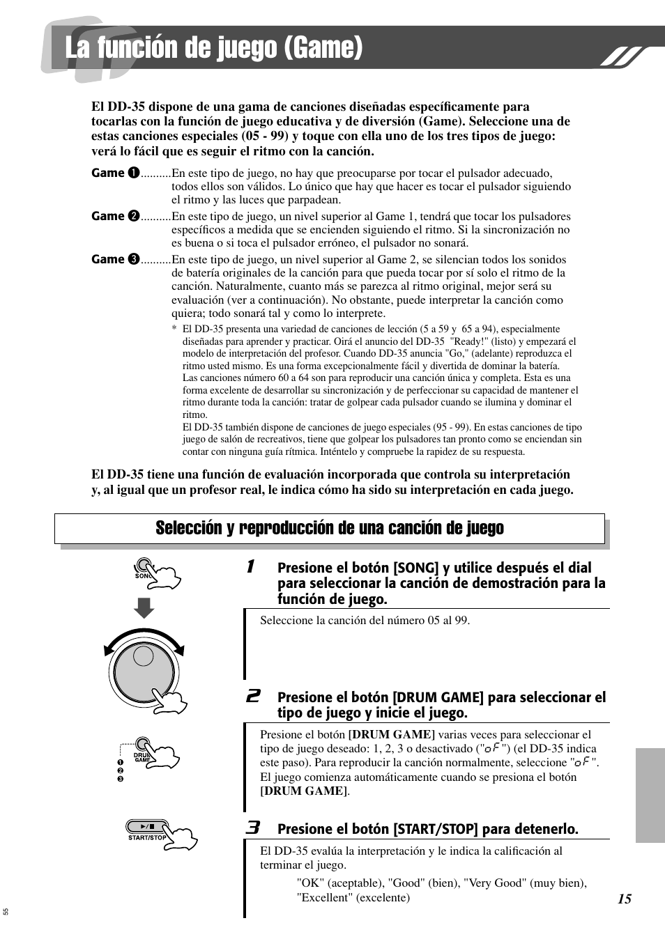 La función de juego (game), Selección y reproducción de una canción de juego | Yamaha Digital Percussion DD-35 User Manual | Page 15 / 24