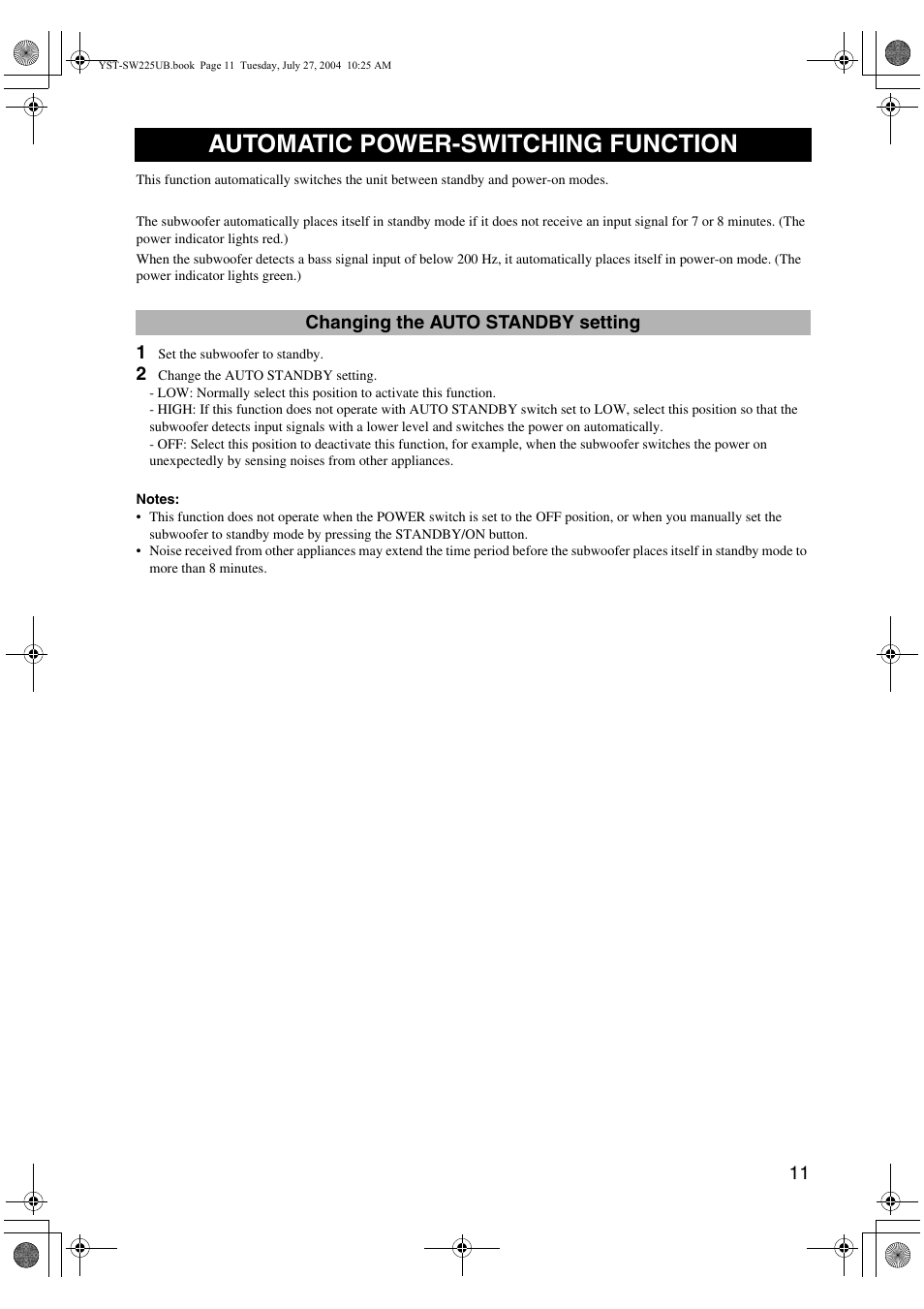 Automatic power-switching function, Changing the auto standby setting | Yamaha YST-SW225 User Manual | Page 15 / 20