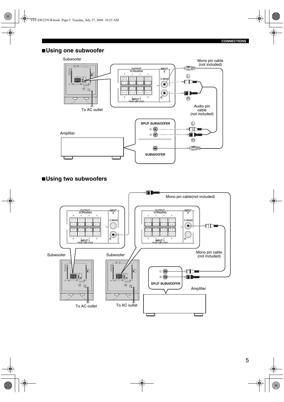 Using one subwoofer, Using two subwoofers | Yamaha YST-SW225 User Manual | Page 9 / 20