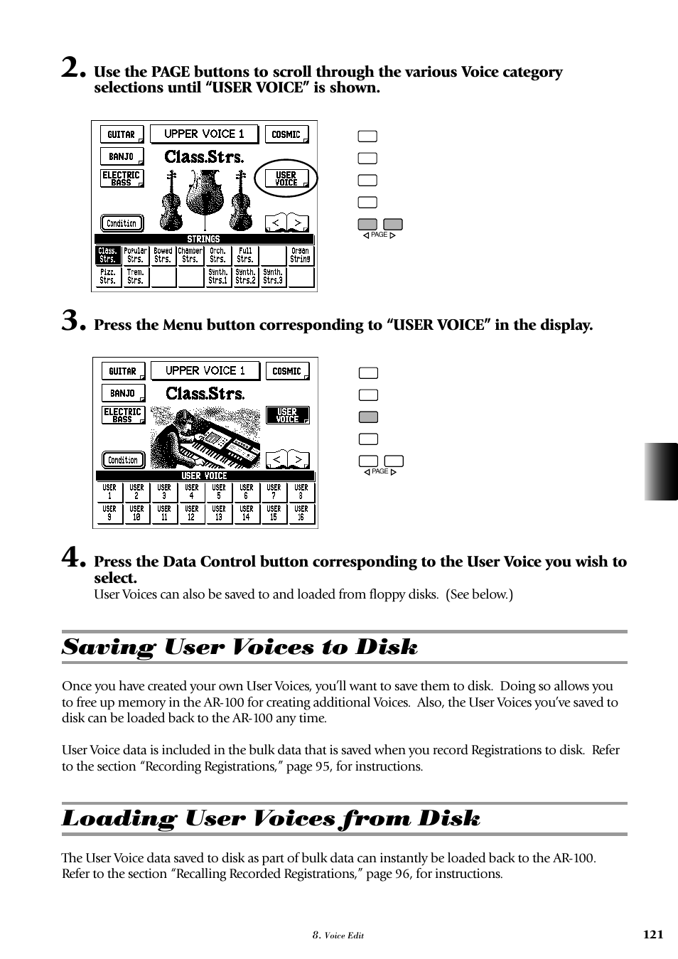 Saving user voices to disk, Loading user voices from disk | Yamaha AR-100 User Manual | Page 127 / 180