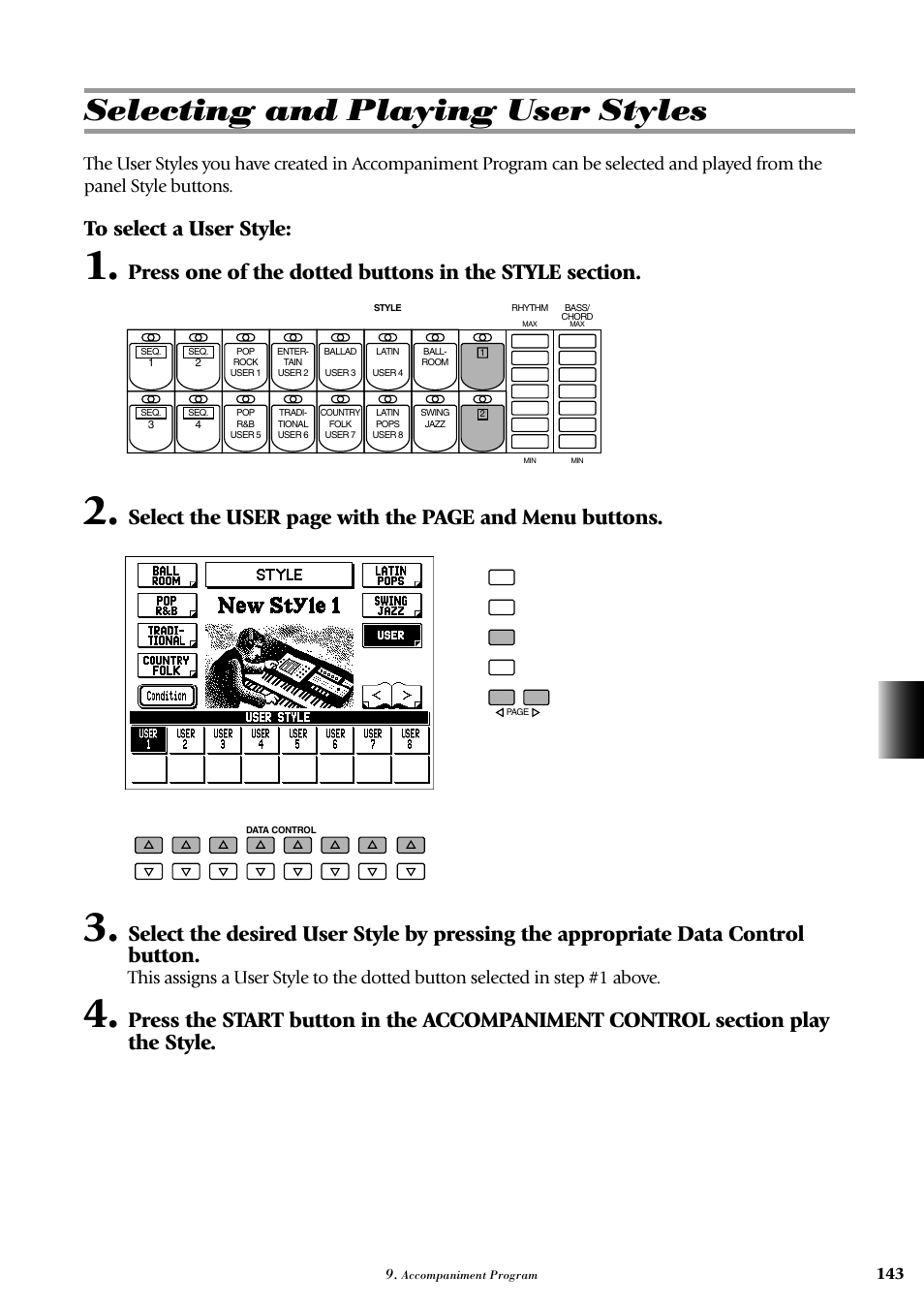 Selecting and playing user styles | Yamaha AR-100 User Manual | Page 149 / 180