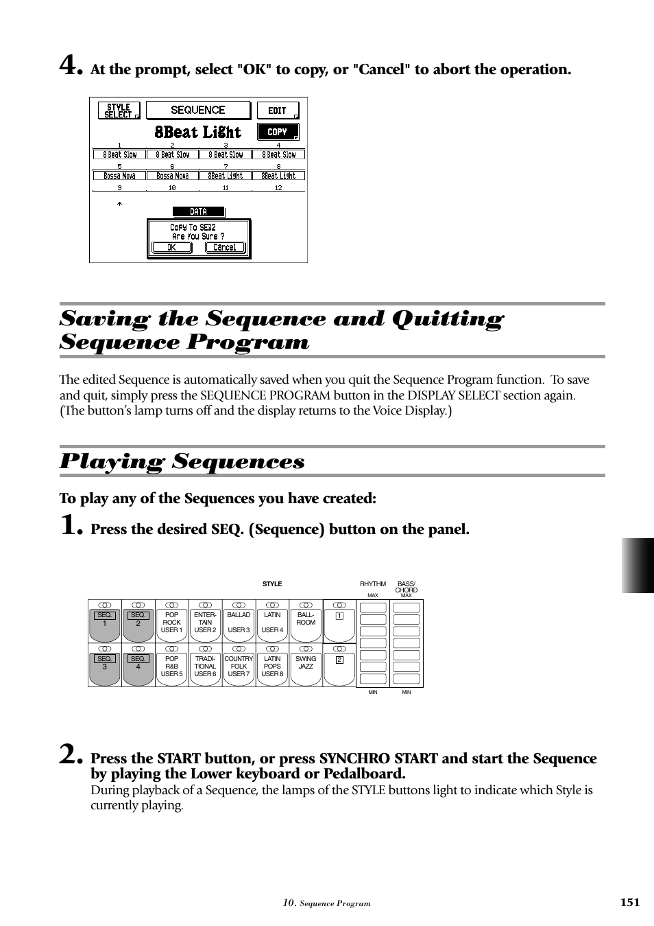 Saving the sequence and quitting sequence program, Playing sequences | Yamaha AR-100 User Manual | Page 157 / 180