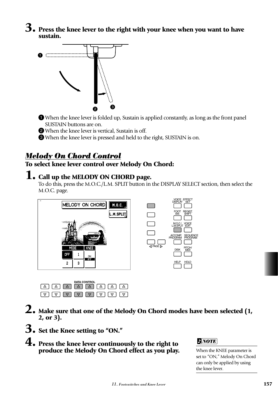 Melody on chord control, Call up the melody on chord page, Set the knee setting to “on | Yamaha AR-100 User Manual | Page 163 / 180