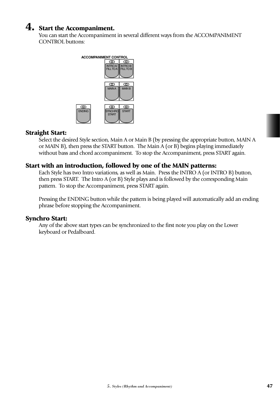 Start the accompaniment, Straight start, Synchro start | Yamaha AR-100 User Manual | Page 53 / 180