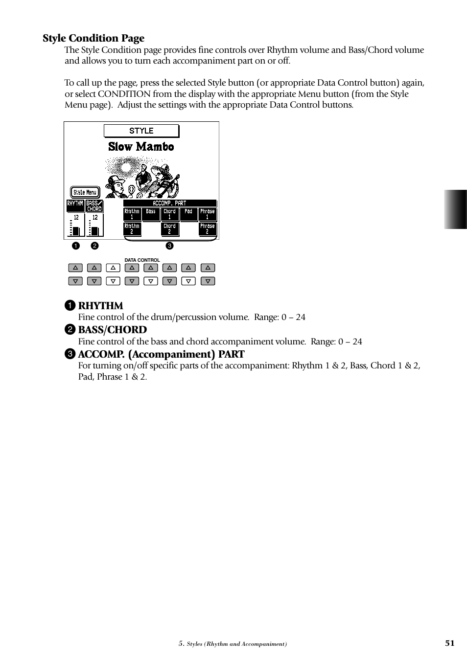 Style condition page, 1 rhythm, 2 bass/chord | 3 accomp. (accompaniment) part | Yamaha AR-100 User Manual | Page 57 / 180