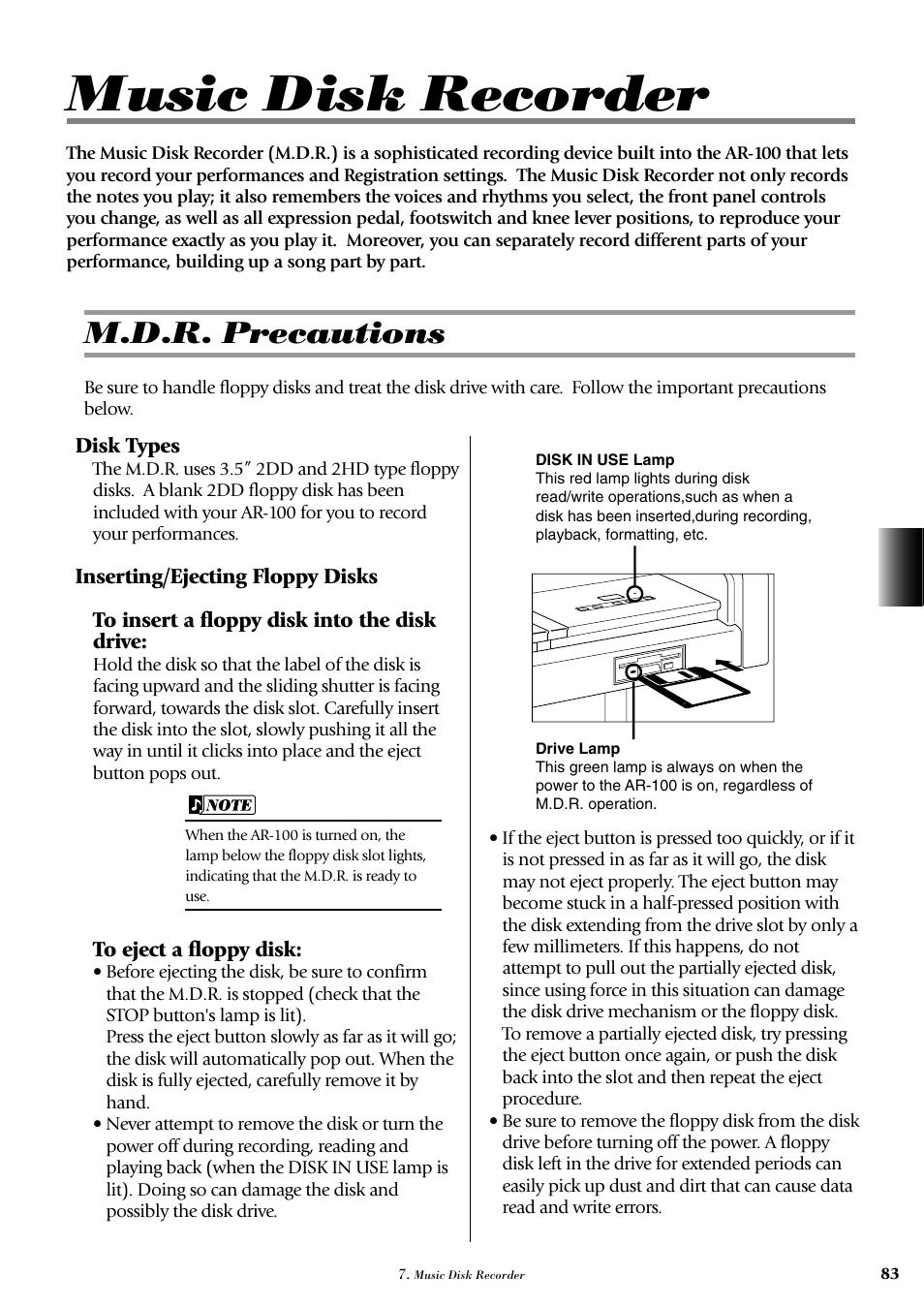 Music disk recorder, M.d.r. precautions | Yamaha AR-100 User Manual | Page 89 / 180
