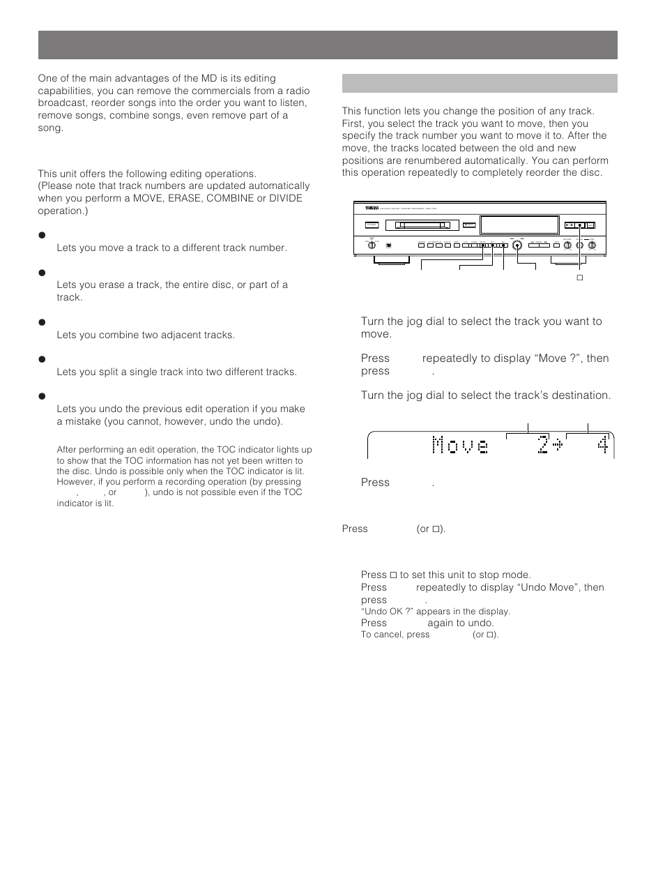 Editing, Move, Press enter | Erase, Combine, Divide, Undo | Yamaha MDX-793 User Manual | Page 18 / 29