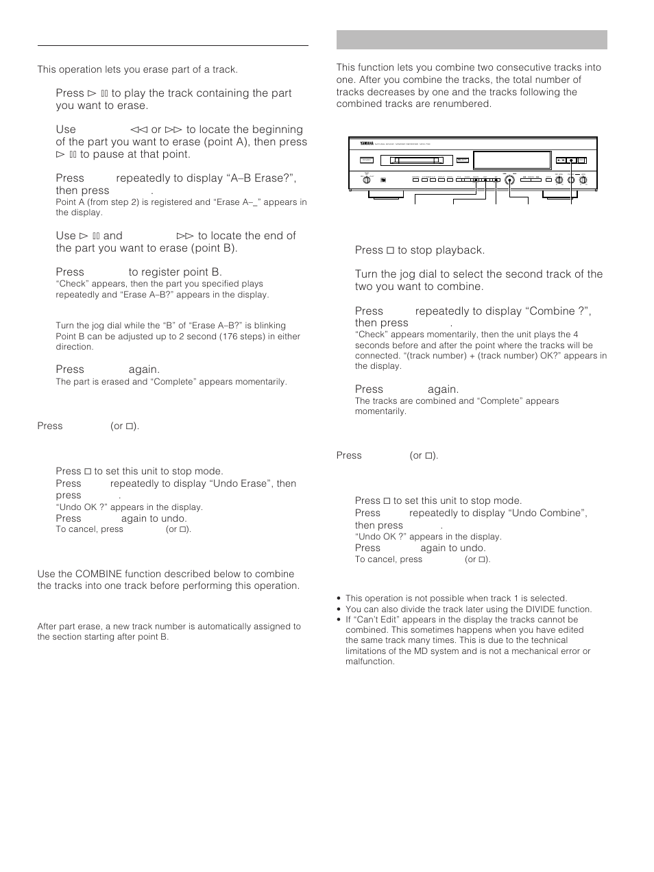 Part erase, Combine, Press enter to register point b | Press enter again, Press & to stop playback | Yamaha MDX-793 User Manual | Page 20 / 29