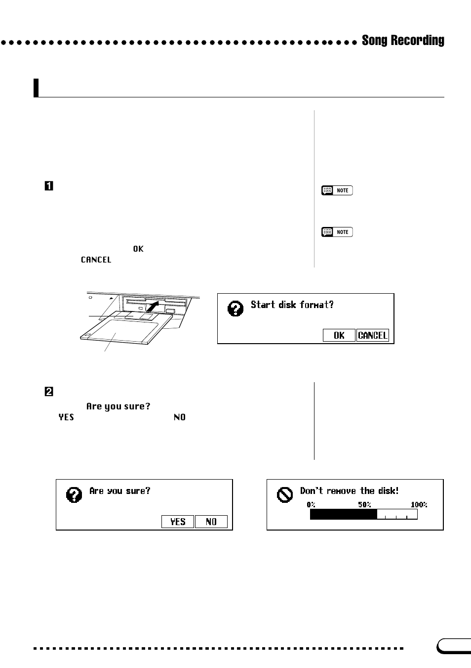 Recording setup: disk format, Song recording, Zinsert a disk | Xexecute the format operation | Yamaha CVP-103M  EN User Manual | Page 111 / 178