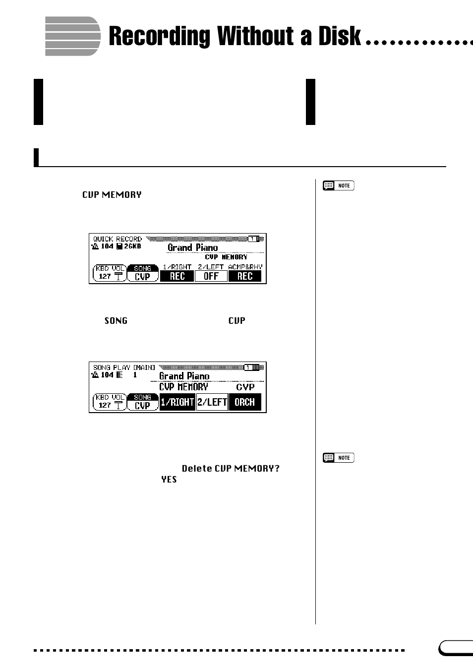 Recording without a disk, About the cvp memory song | Yamaha CVP-103M  EN User Manual | Page 133 / 178