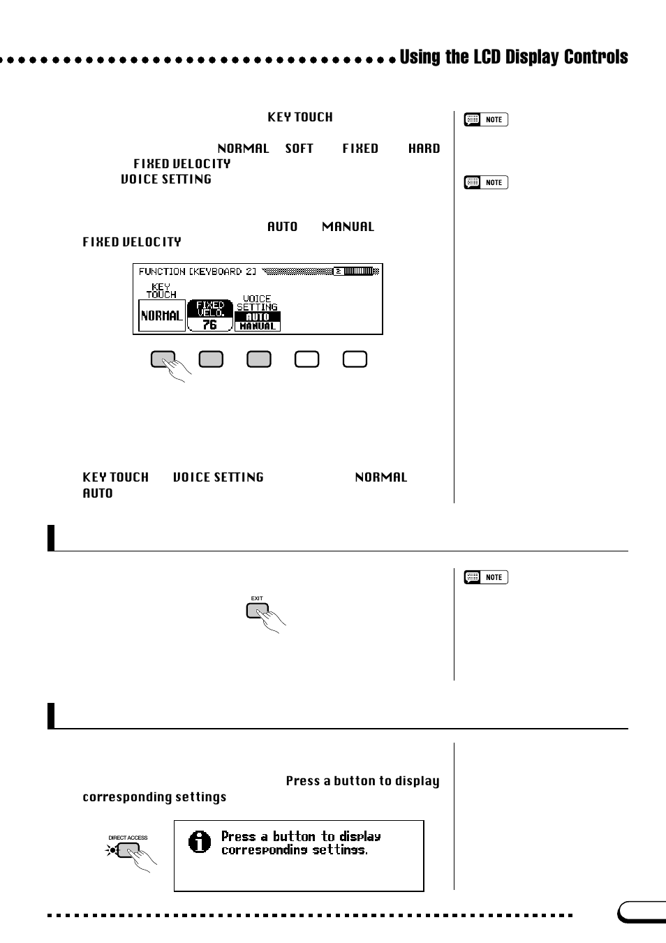 Exiting to the main display, Using the direct access function, Using the lcd display controls | Yamaha CVP-103M  EN User Manual | Page 21 / 178