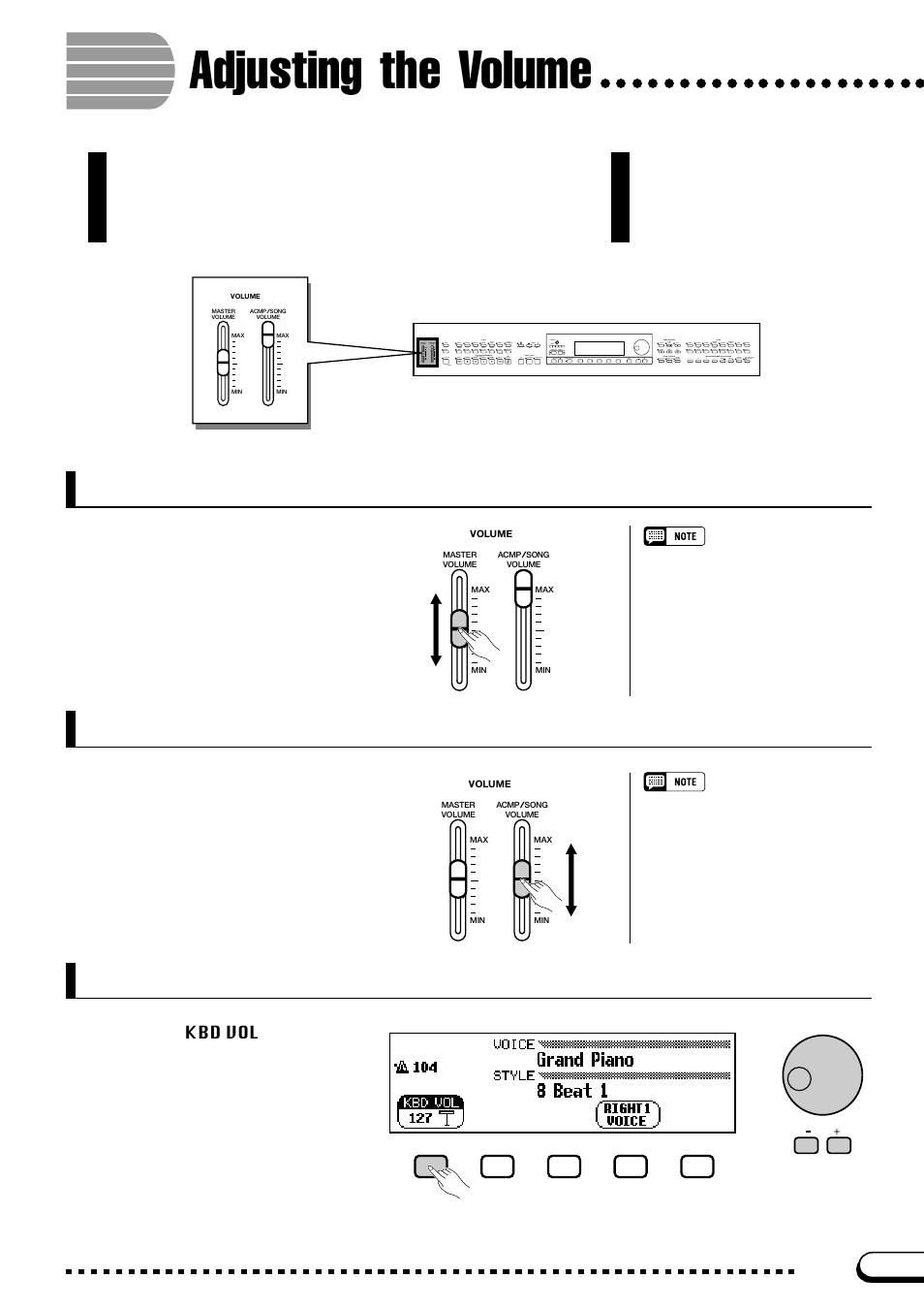 Adjusting the volume, Adjusting the overall volume, Adjusting the accompaniment or song volume | Setting the keyboard volume | Yamaha CVP-103M  EN User Manual | Page 23 / 178
