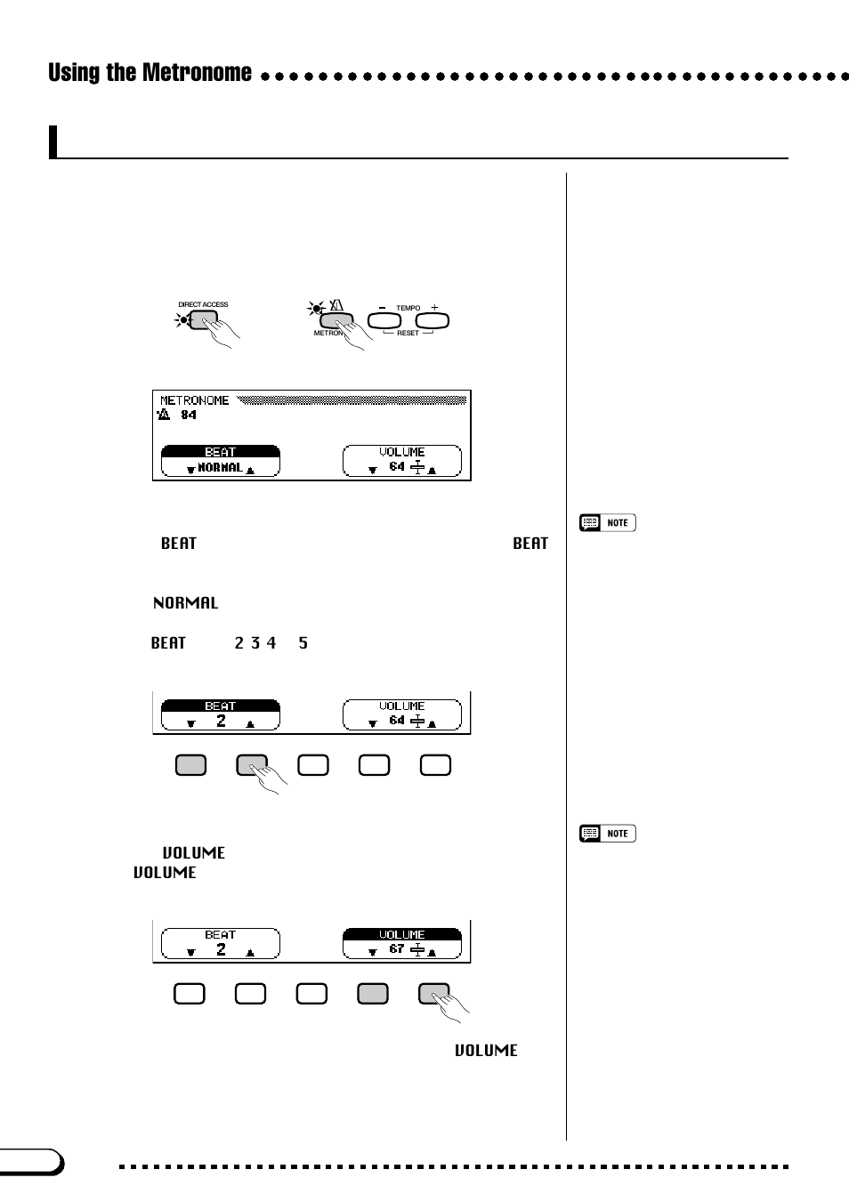 Changing the metronome settings, Using the metronome, Displaying the metronome settings | Setting the beat (time signature), Setting the metronome volume | Yamaha CVP-103M  EN User Manual | Page 26 / 178