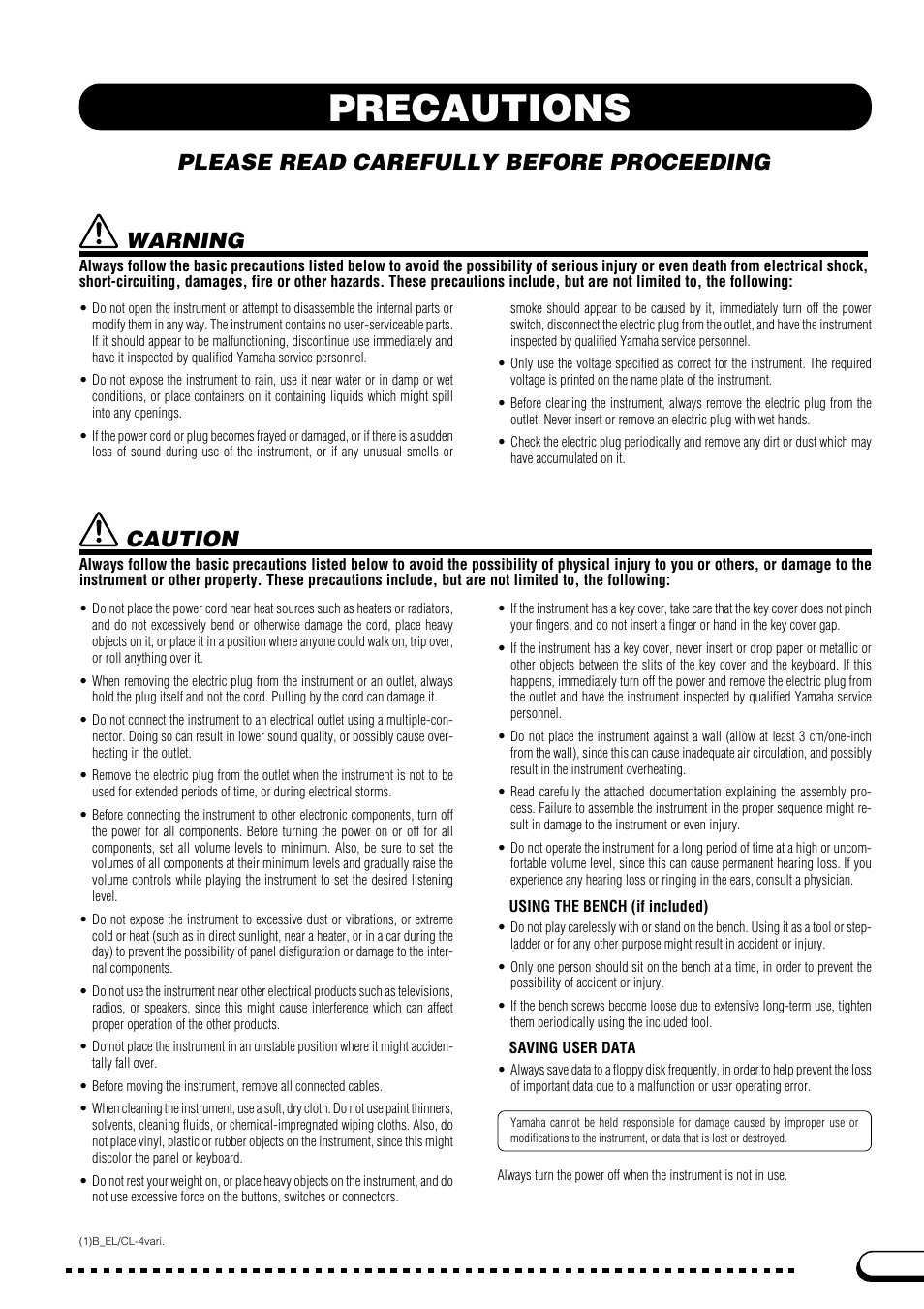 Precautions, Please read carefully before proceeding, Warning | Caution | Yamaha CVP-103M  EN User Manual | Page 3 / 178