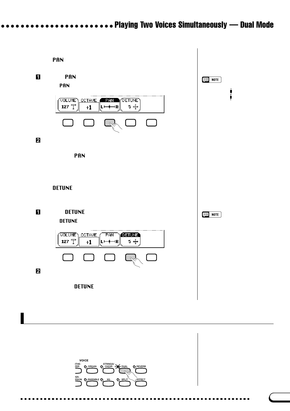 Exiting the dual mode, Playing two voices simultaneously — dual mode, Setting the stereo position of the second voice | Detuning the second voice | Yamaha CVP-103M  EN User Manual | Page 35 / 178