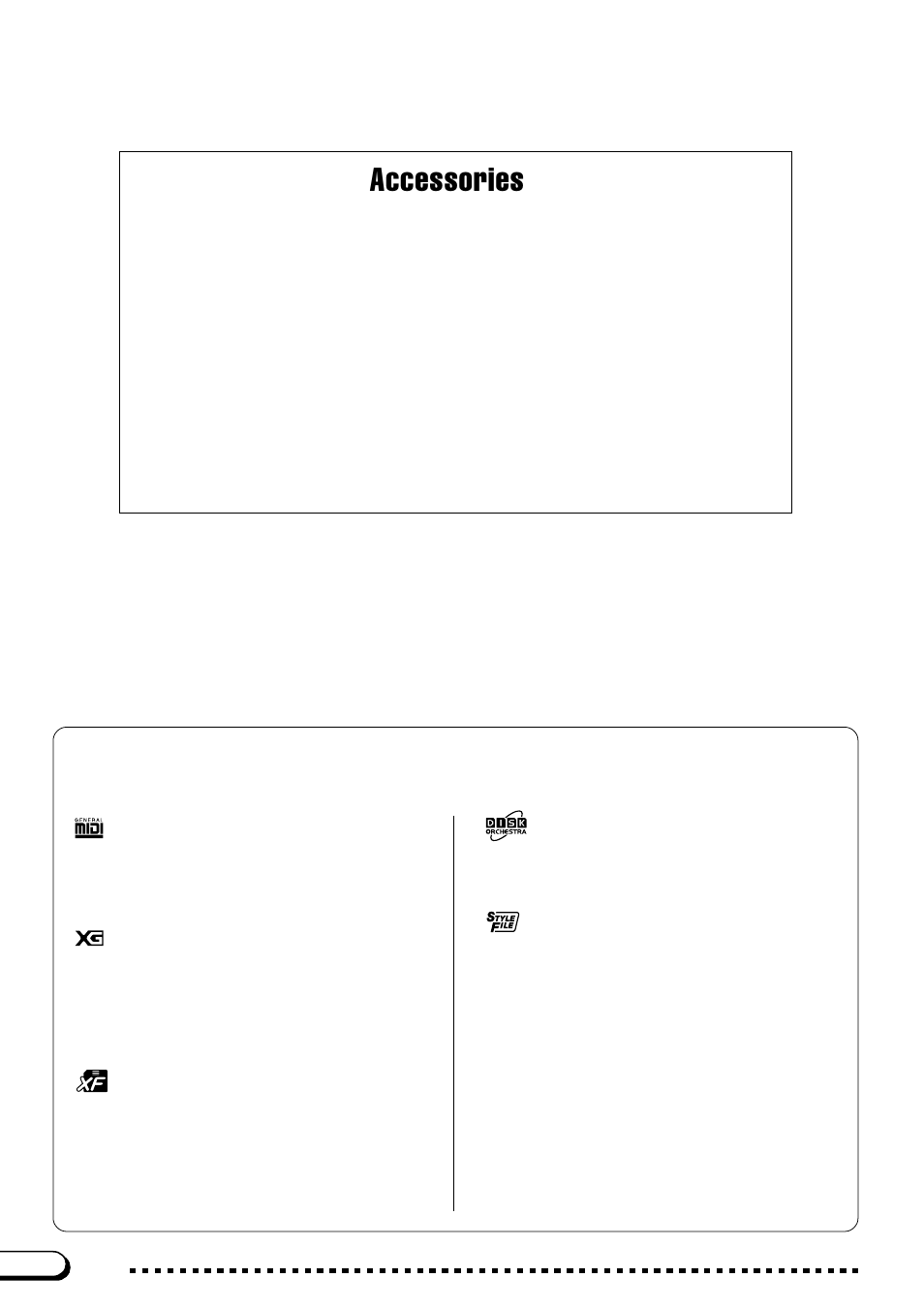Accessories, The panel logos, Disk orchestra collection | Style file format, Gm system level 1, Xg format, Xf format | Yamaha CVP-103M  EN User Manual | Page 4 / 178