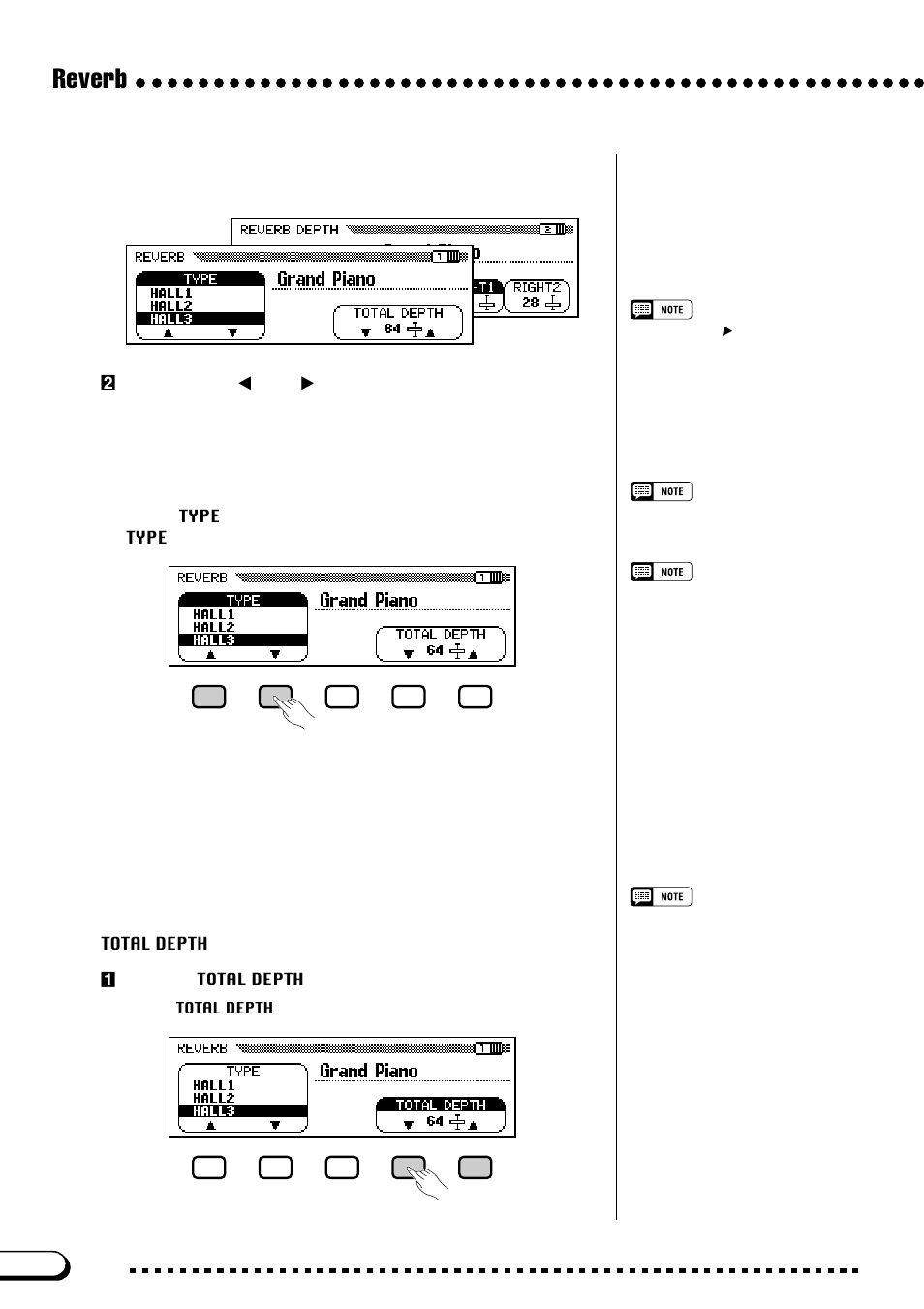 Reverb, Setting the total depth, Changing the reverb type | Yamaha CVP-103M  EN User Manual | Page 42 / 178