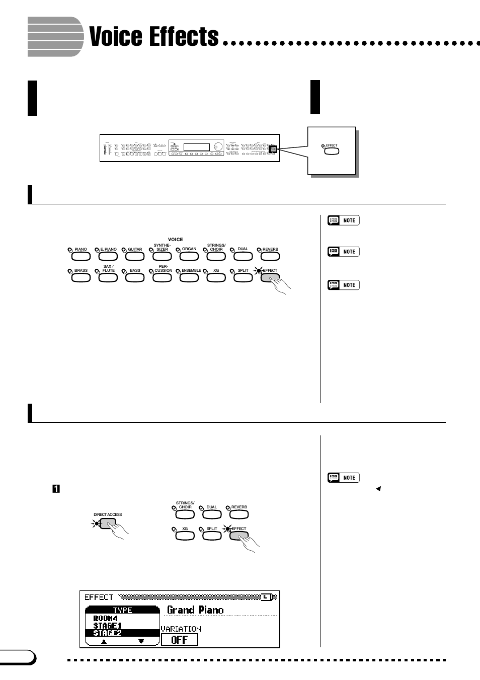 Voice effects, Turning the effects on, Changing the effect settings | Displaying the effect settings, Z press [direct access], then [effect | Yamaha CVP-103M  EN User Manual | Page 46 / 178