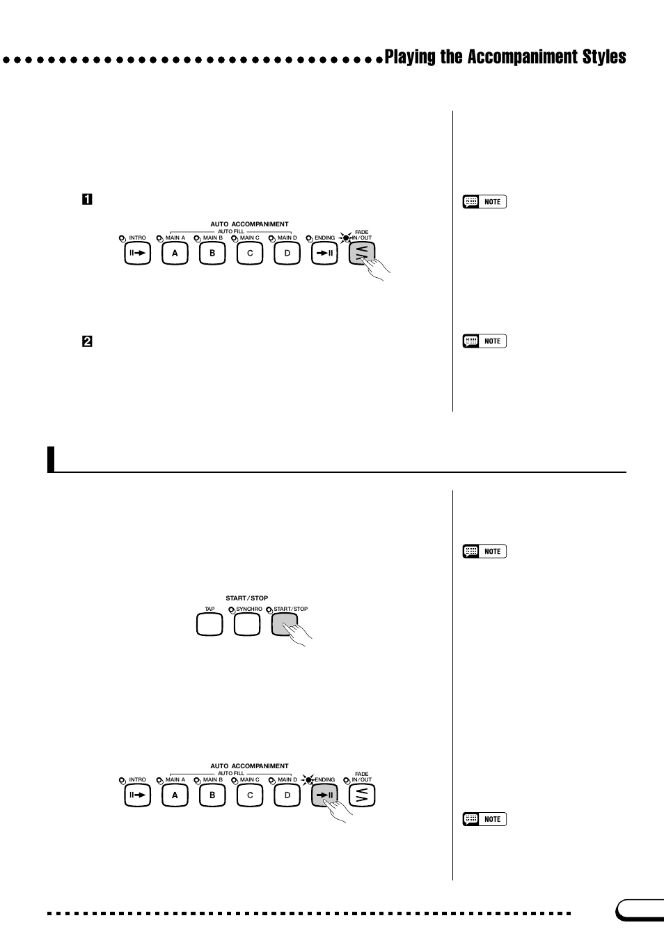 Stopping the accompaniment style, Playing the accompaniment styles, Standard stop | Adding an ending, Fading in, Z press the [fade in/out] button, X start the style | Yamaha CVP-103M  EN User Manual | Page 55 / 178