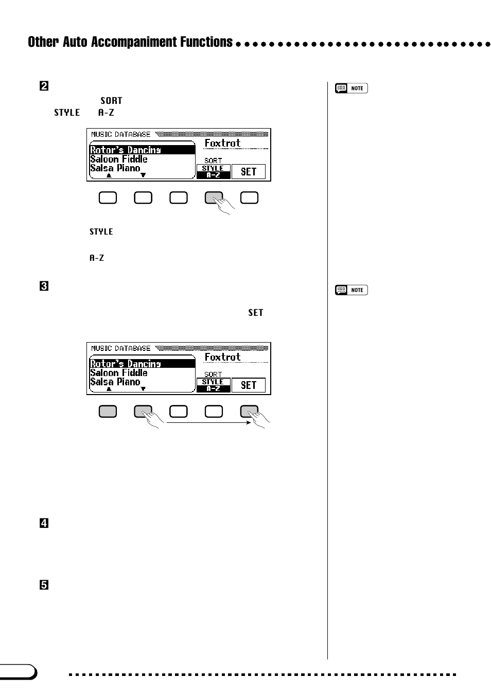 Other auto accompaniment functions, Xsort the list, if necessary, Cselect and recall a panel setup | Vreturn to the main display, Bturn off the music database | Yamaha CVP-103M  EN User Manual | Page 68 / 178