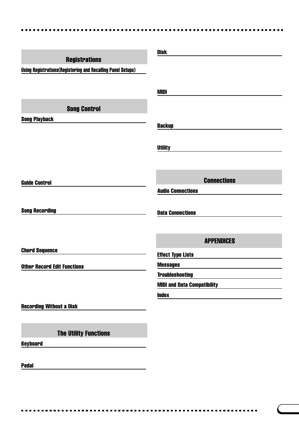 Registrations, Song control, The utility functions | Connections, Appendices, Song playback, Guide control, Song recording, Chord sequence, Other record edit functions | Yamaha CVP-103M  EN User Manual | Page 7 / 178