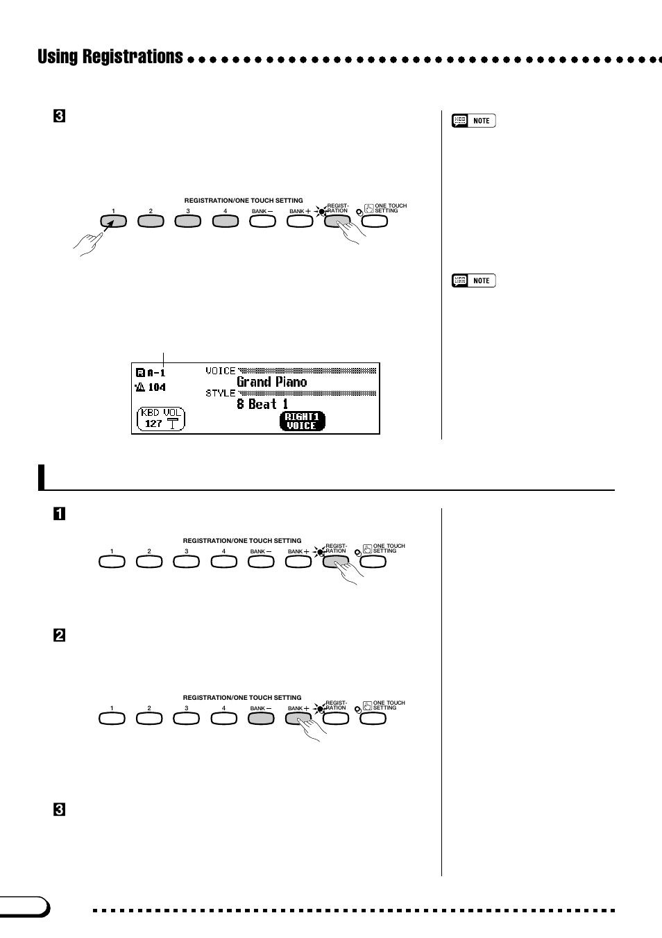 Recalling the registered panel settings, Using registrations, Cregister the panel setup | Zpress the [registration] button, Xselect a bank, Cselect a registration | Yamaha CVP-103M  EN User Manual | Page 90 / 178