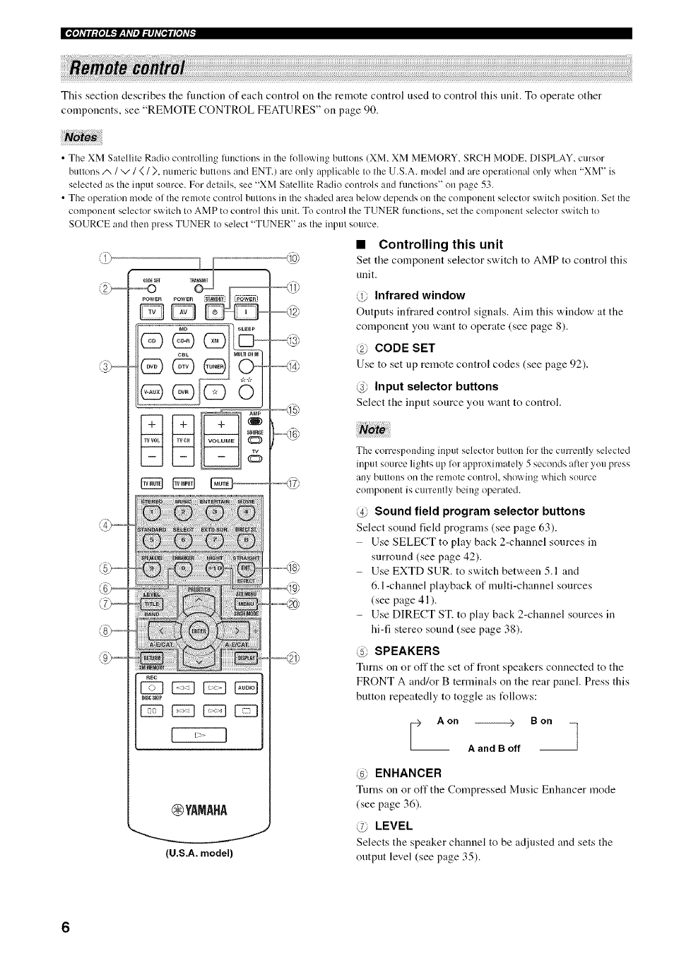 0 infrared window, Code set, 0 input selector buttons | 0 sound field program selector buttons, 0 speakers, 0 enhancer, 0 level, Sound field program descriptions, Remote control | Yamaha HTR-5950 User Manual | Page 10 / 116