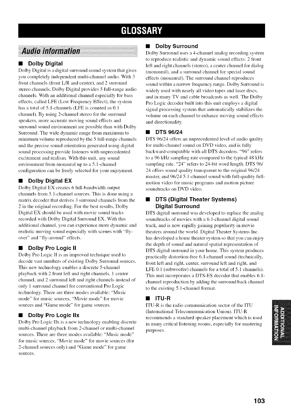 Glossary, Audio information | Yamaha HTR-5950 User Manual | Page 107 / 116