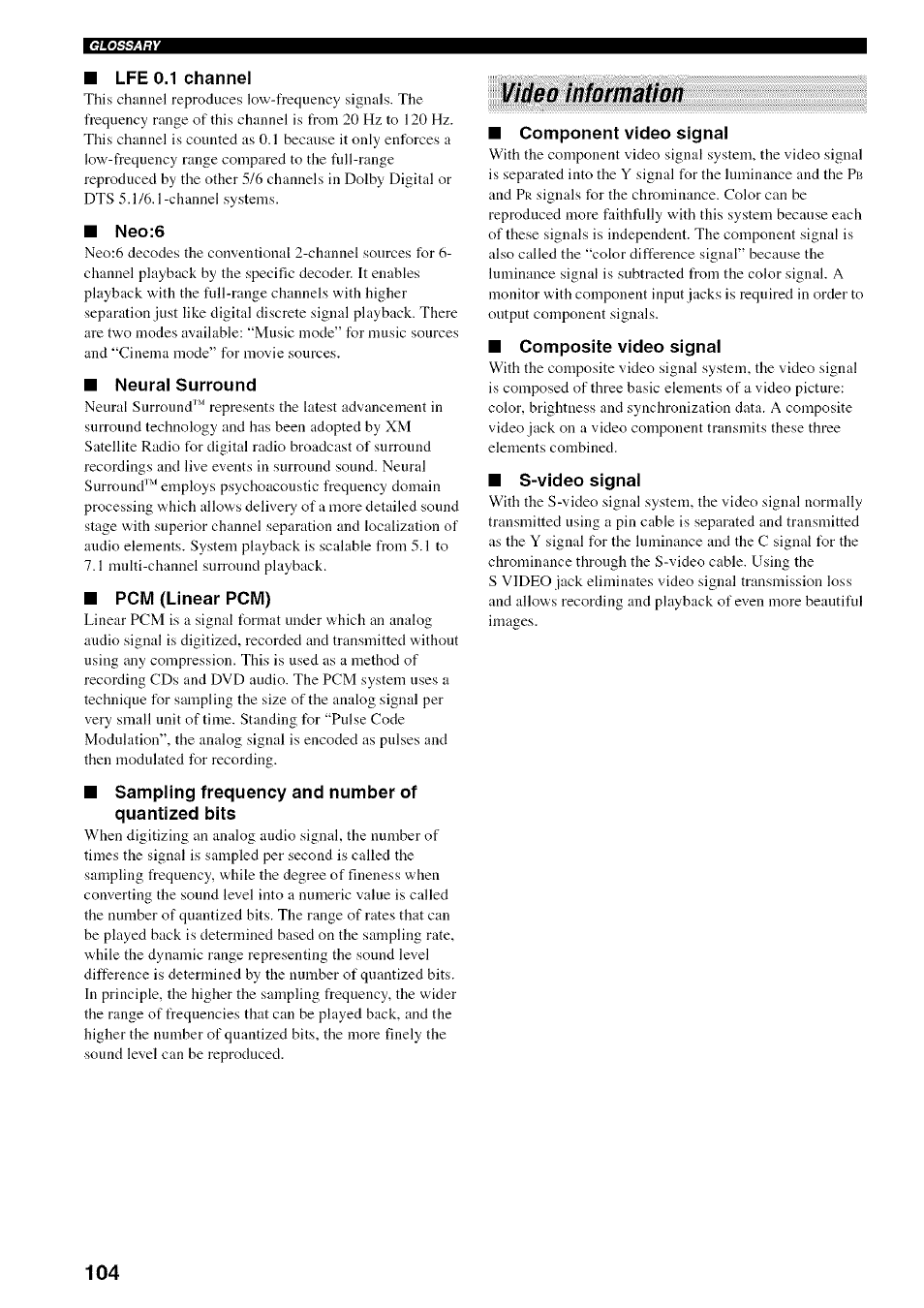 Video information | Yamaha HTR-5950 User Manual | Page 108 / 116