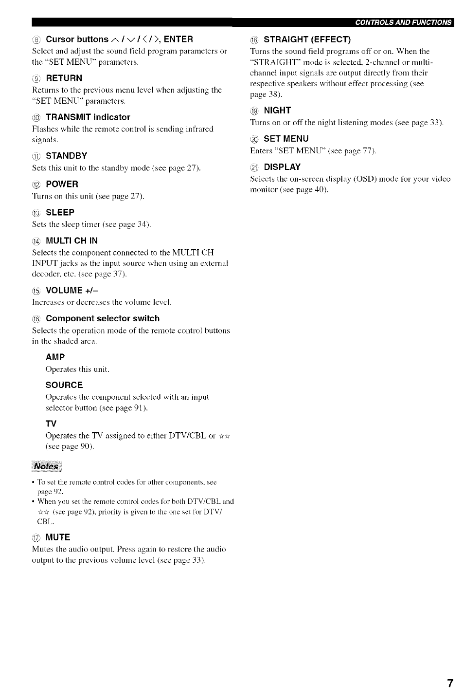 Jo; transmit indicator, Ji) standby, J|) power | Sleep, 14) multi ch in, Volume, Component selector switch, Source, Straight (effect), Night | Yamaha HTR-5950 User Manual | Page 11 / 116