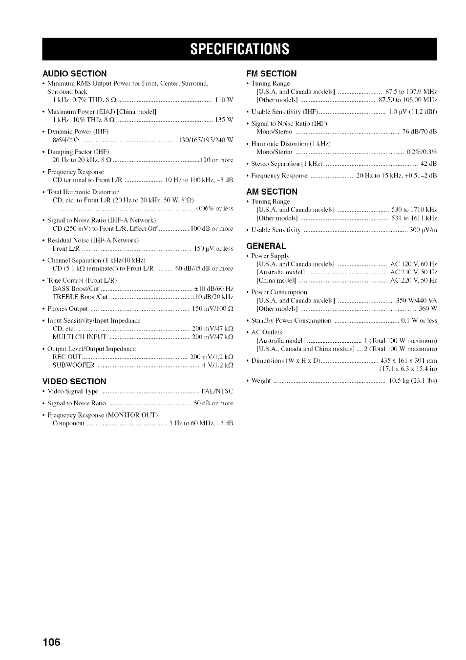 Specifications, Audio section, Video section | Fm section, Am section, General | Yamaha HTR-5950 User Manual | Page 110 / 116