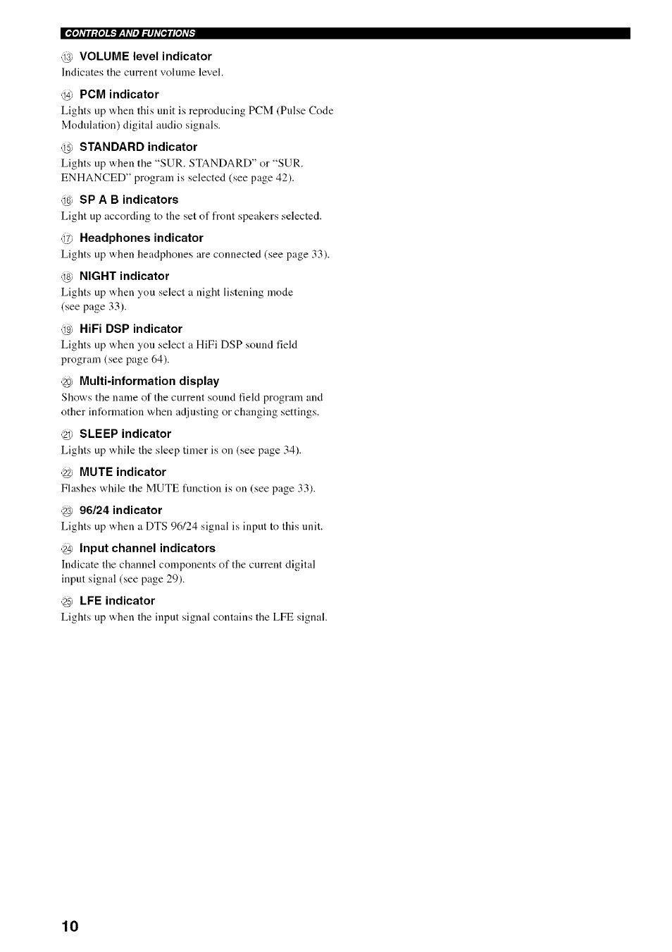 1^ volume level indicator, Pcm indicator, G) standard indicator | Sp a b indicators, G) headphones indicator, G) night indicator, I|) hifi dsp indicator, 1 multi-information display, 21) sleep indicator, G) mute indicator | Yamaha HTR-5950 User Manual | Page 14 / 116