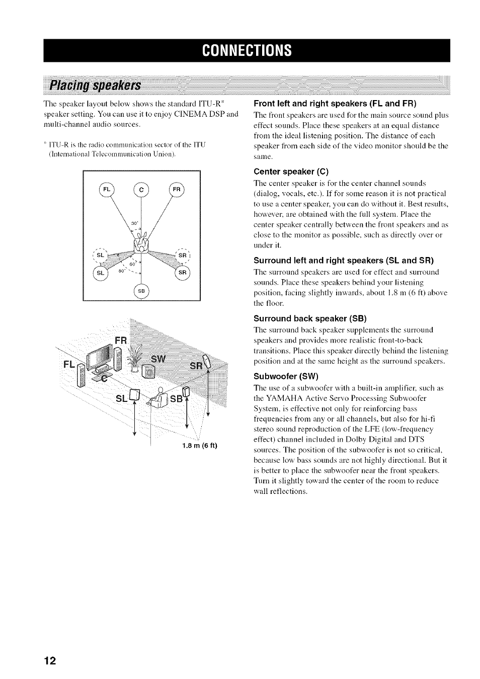 Connections, Front left and right speakers (fl and fr), Placing speakers | Yamaha HTR-5950 User Manual | Page 16 / 116